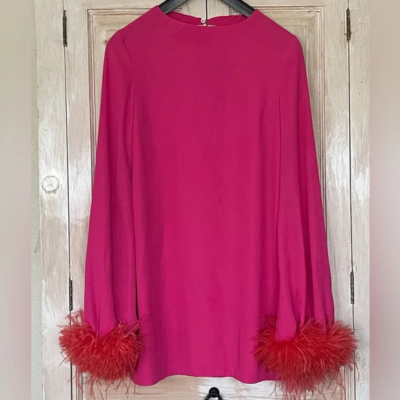 NERVI Penelope Flare-Sleeve Mini Shift Dress w/ Feather Trim - Picture 1 of 9